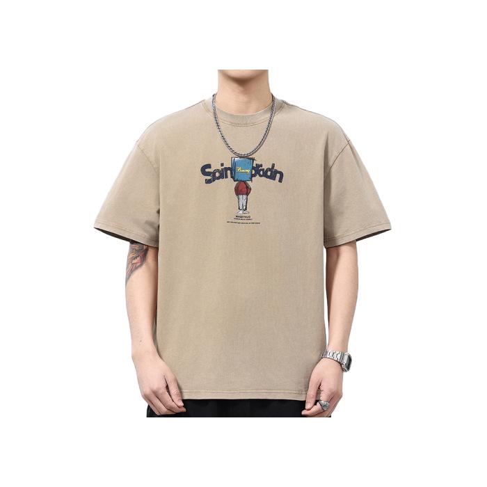 

Мужская хлопковая футболка с эффектом стирки и потертостей - Летняя трендовая футболка с принтом американского бренда, большого размера, свободного кроя, с коротким рукавом. L suitable for 120-140 jin хаки