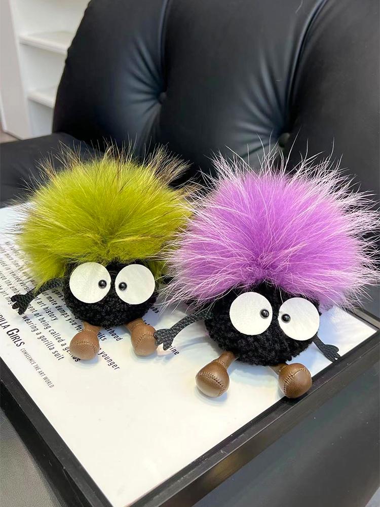 15cm Cute Cartoon Wool Small Coal Ball Car Keychain Real Raccoon Fur Pendant Elf Plush Ball Bag Pendant Hobby Collection Gift