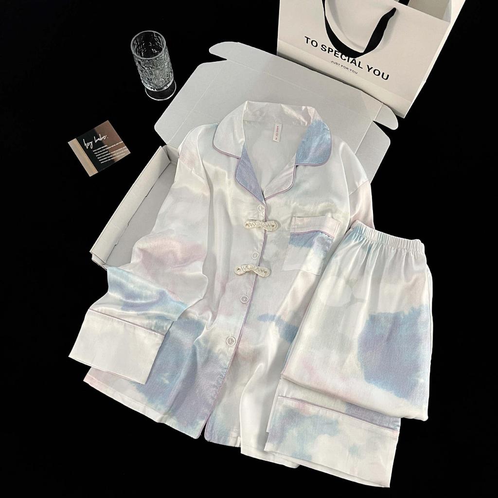 New Chinese Style Ice Silk Pajamas for Women: Cardigan Lapel with Retro Frog Button, Floral Design Home Wear.