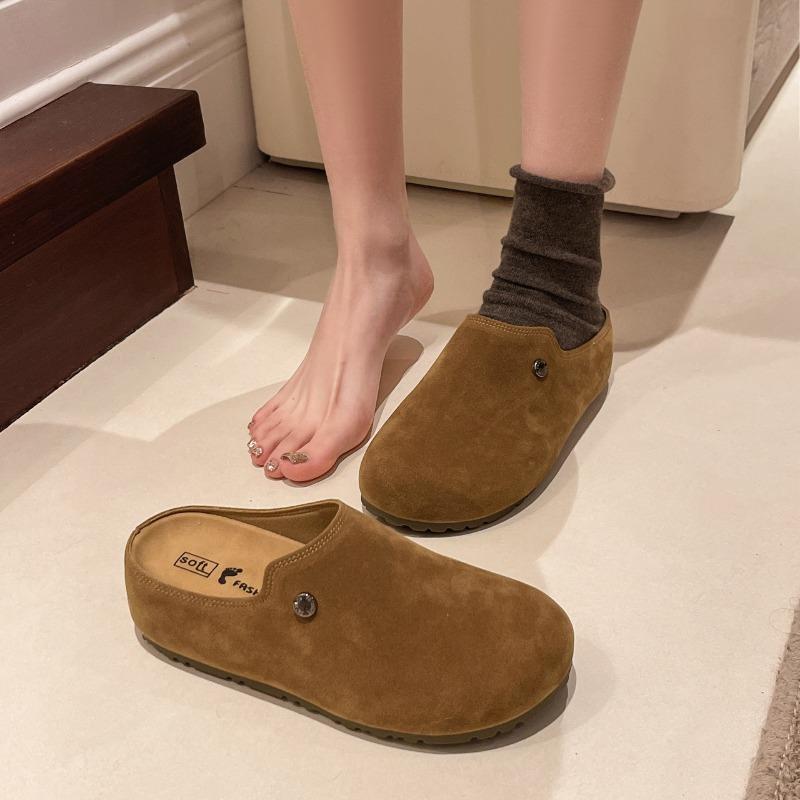 Retro Baotou women's spring new leather thick-soled non-slip one-pedal lazy half slippers outer wear