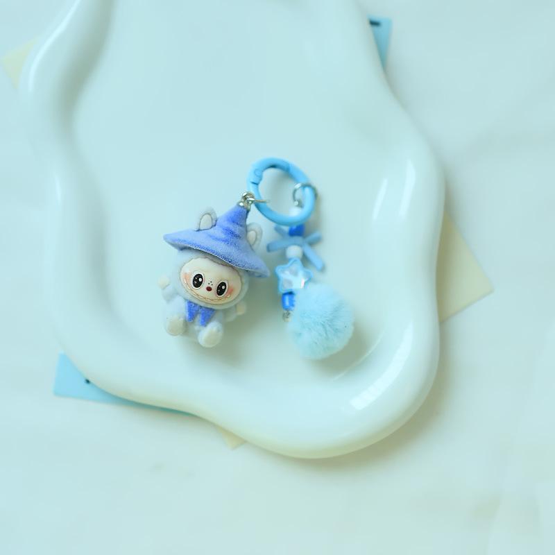 1 Piece Cartoon Flocking Wizard Labubu Keychain Cute Bag Hanging Pendant Backpack Earphone Case Decoration Birthday Gifts