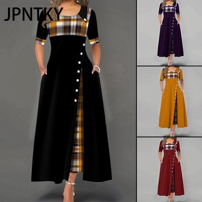 JPNTKY Damen Mode Lässig Unregelmäßiges Karomuster Knopf Druck Maxi Kurzarm Rundhals Übergröße Partykleid