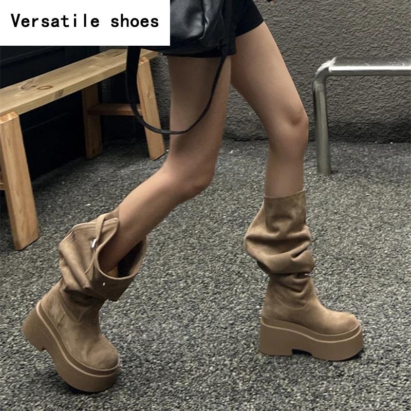 Winter Platform Women Knee-High Boots Fashion Slip On Long Booties Street Style Female Elegant High Heels Shoes