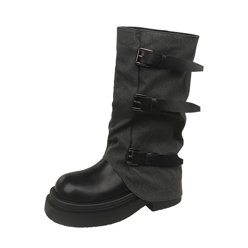 Black Fashion Explosion Thin Small Thin Medium Length Boots Women's Shoes 2025 New Autumn Thick Heel Trouser Boots