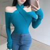 Knitted Long Sleeve Sweater Off Shoulder Cross Straps