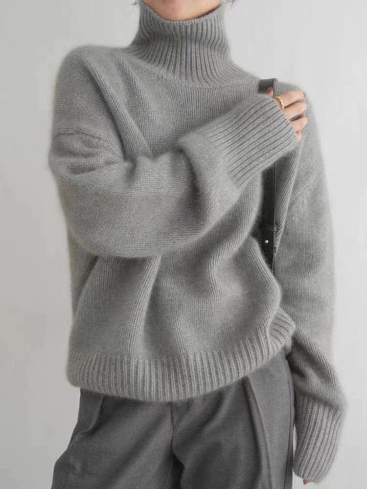 Women's European & American High Neck Wool Sweater - Autumn/Winter Soft Thick Loose Pullover Knitwear, Solid Color.