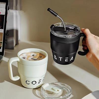 480MLCoffee Cup with Straw Lid Stainless Steel Thermos Mug for Cold Drinks Water Tea Milk Office Outdoor Portable Bottle