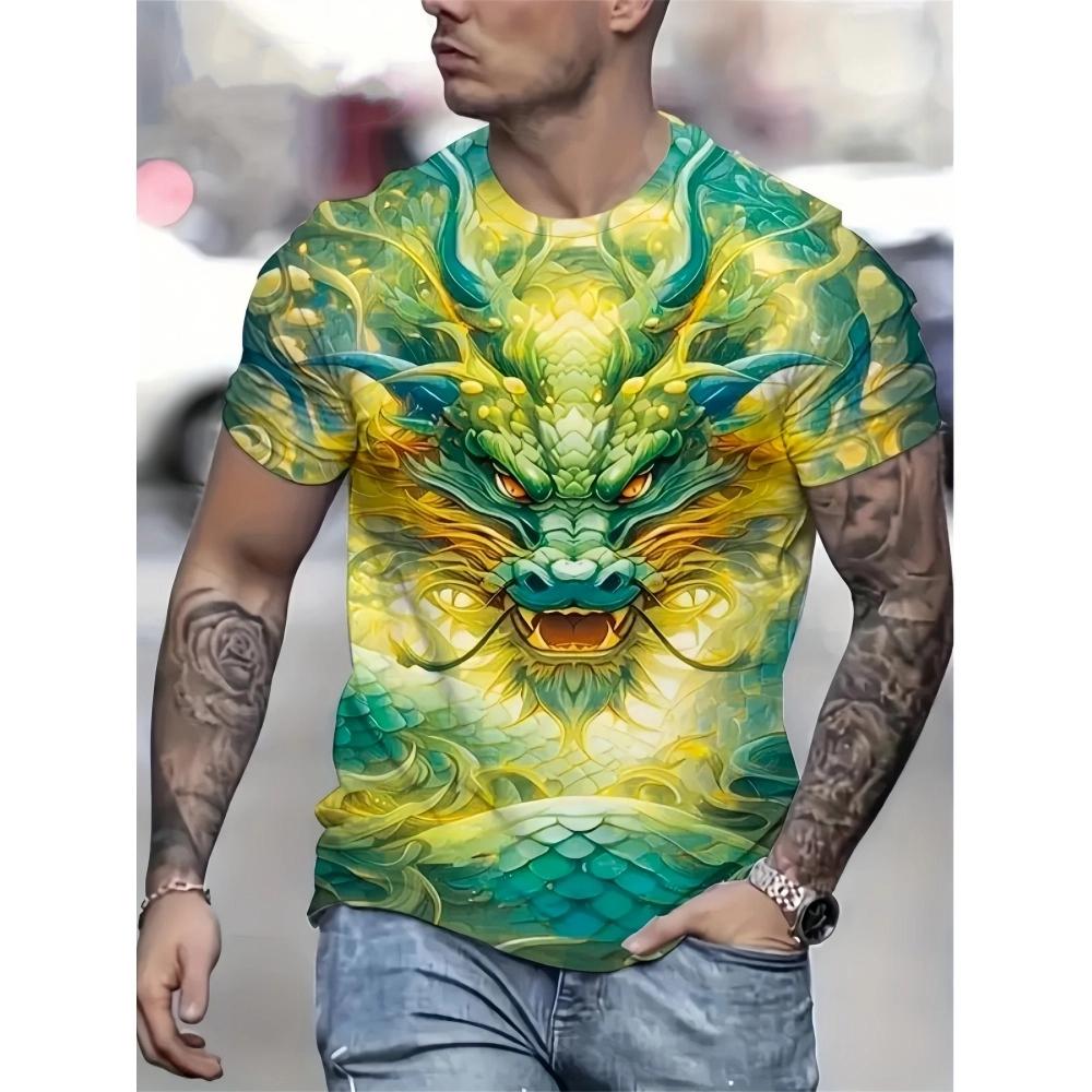 Summer 3D Dragon King Pattern Men's T-Shirt, Street Style Trendy Men's Fashion Loose Casual Short-Sleeve T-Shirt