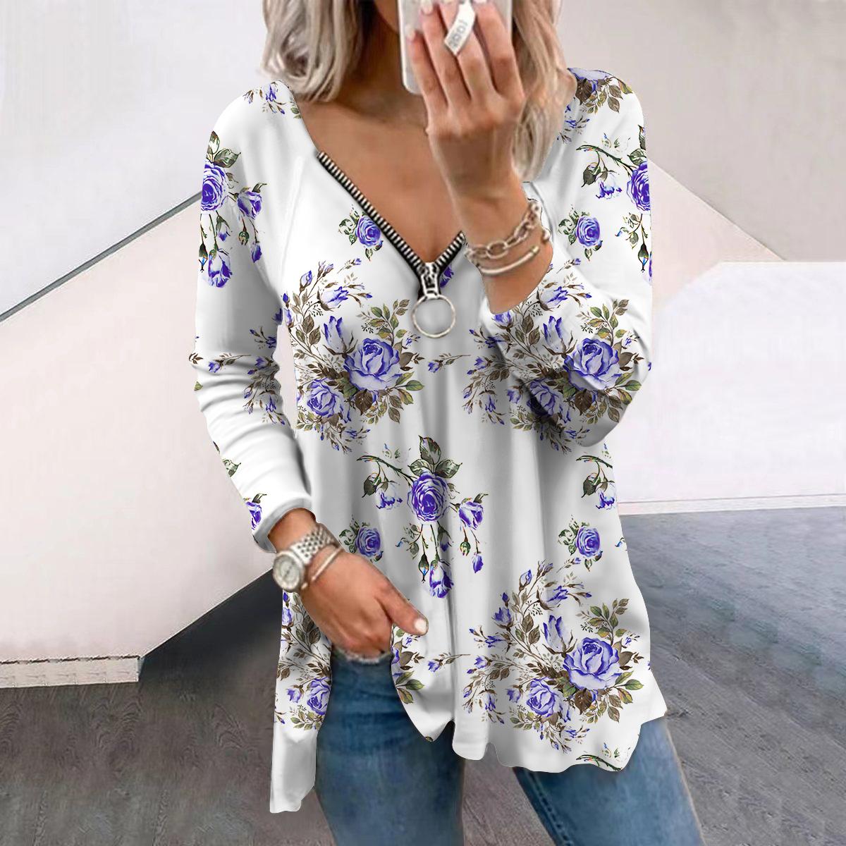 

Женские осенние цветочные светло-фиолетовые футболки с длинным рукавом и принтом в виде цветов, свободные футболки больших размеров с V-образным вырезом, удобные блузки 8XL светло-фиолетовый