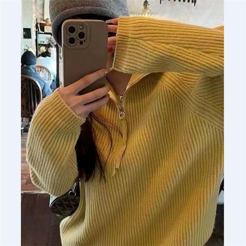Loose and lazy wind lapel half zipper knitted sweater top women's autumn and winter new simple casual pullover sweater