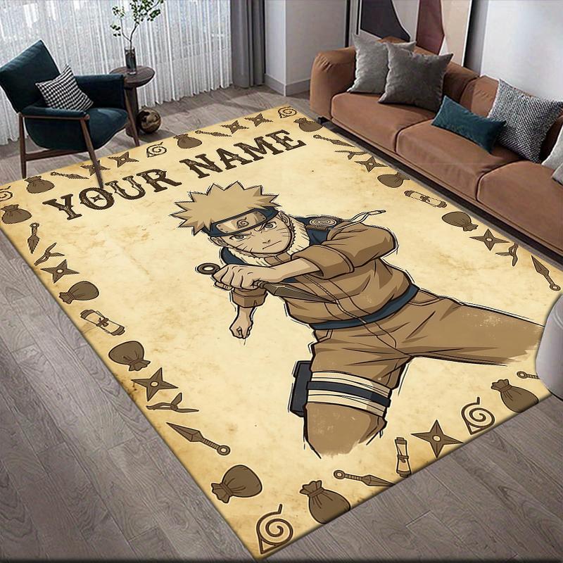 Custom Name,Naruto Uzumaki Home Sofa Decoration for Living Room & Bedroom, Non‑Slip Play Flannel Floor Mat for Game Room