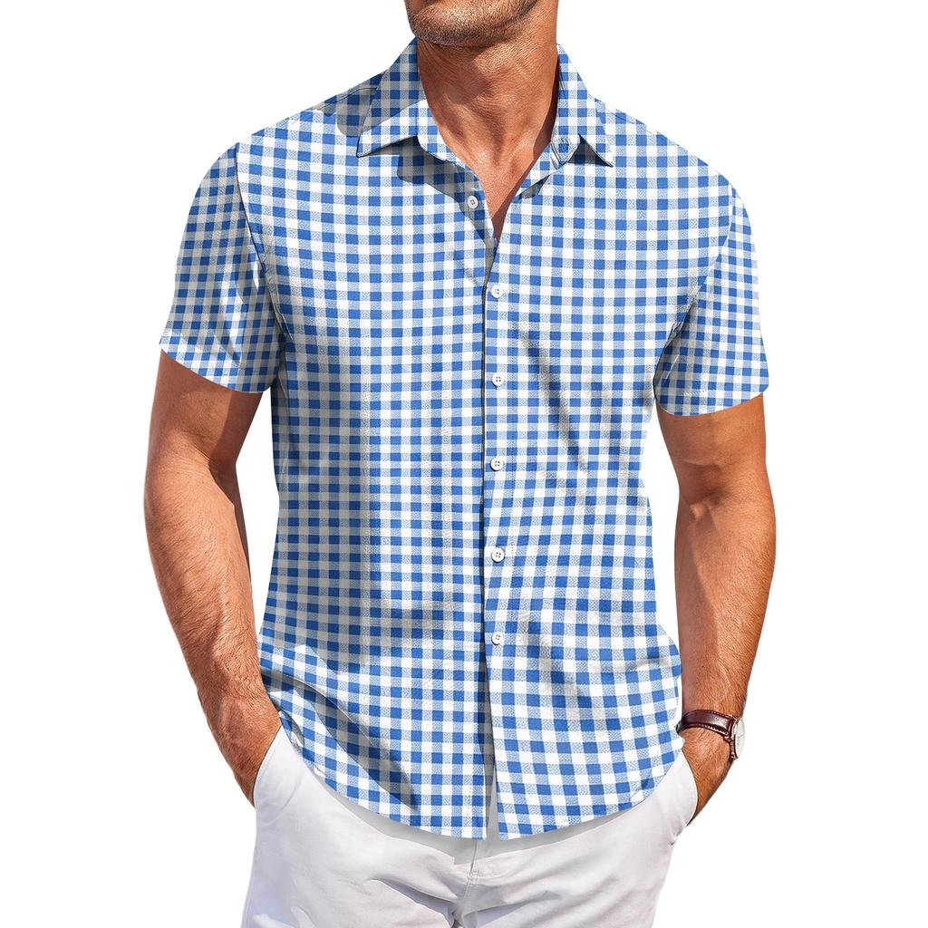 Men's Casual Short Sleeve Button Down Shirt Checkered Pattern Lightweight Breathable Fabric Relaxed Fit Summer Top