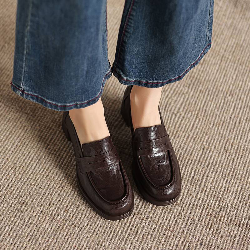 Krazing Pot Sheepskin Round Toe Thick Med Heels Spring Shoes Slip On Big Size 42 Loafers Women Platform Pumps
