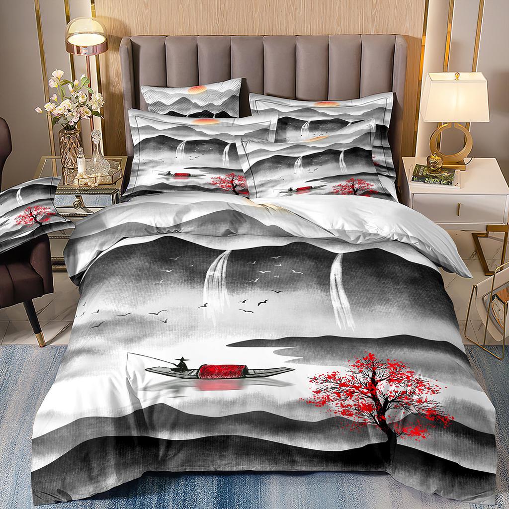 3D Printing Ink Painting Landscape Bedding Quilt Set Three-Piece Custom