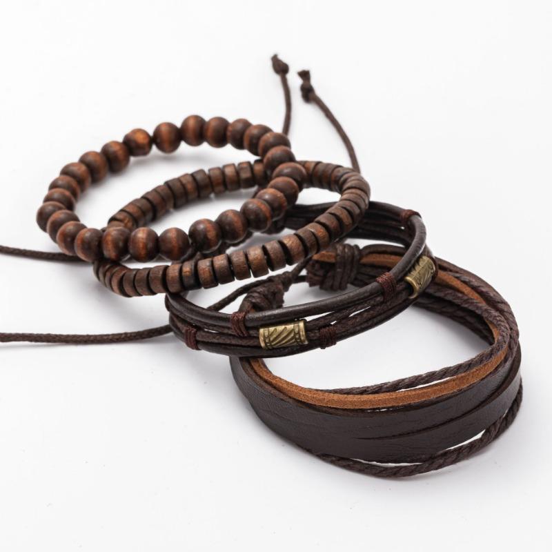 Platform hot-selling retro literary style bronze bundle leather wooden bead set bracelet fashion