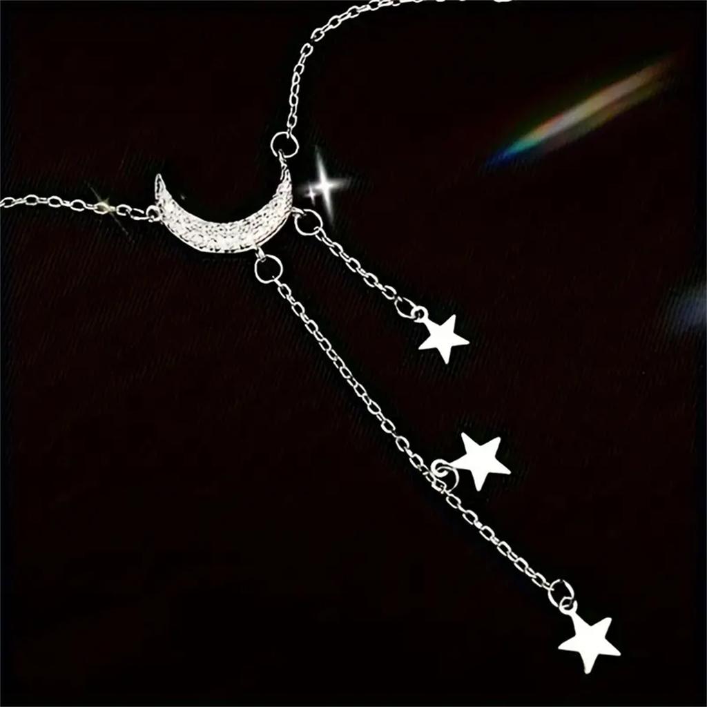 Silvery Color Elegant Tassel Star And Moon Necklace Minimalist Style Women's Fashionable Jewelry Perfect Birthday Wearing Gifts For Eid