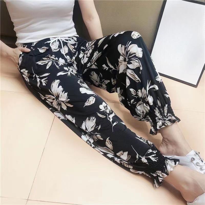 

Женские модные минималистичные брюки с геометрическим принтом, свободные повседневные прямые брюки из ледяного шелка с высокой талией One size