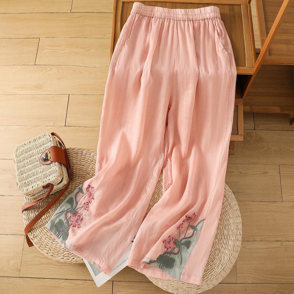 Dámské letní vintage vyšívané kalhoty plus size volného širokého střihu z bavlny a lnu s elastickým pasem, dovolenkové harémky v etnickém stylu