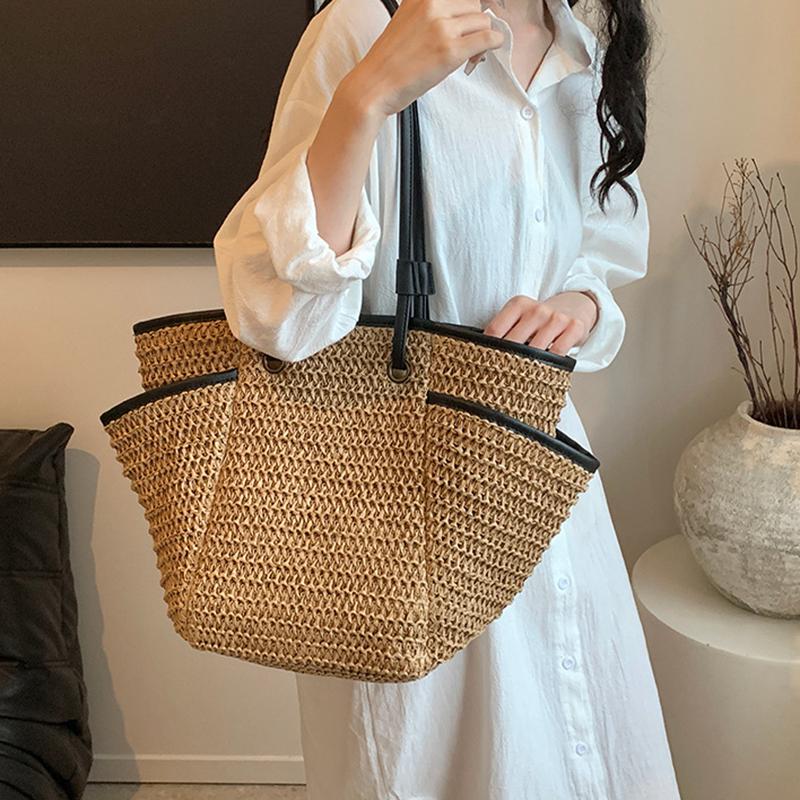 Multi Pockets Summer Beach Straw Shoulder Bag For Women Mesh Durable Travel Handbag Large Capacity Hollow Out Bucket Tote Bag