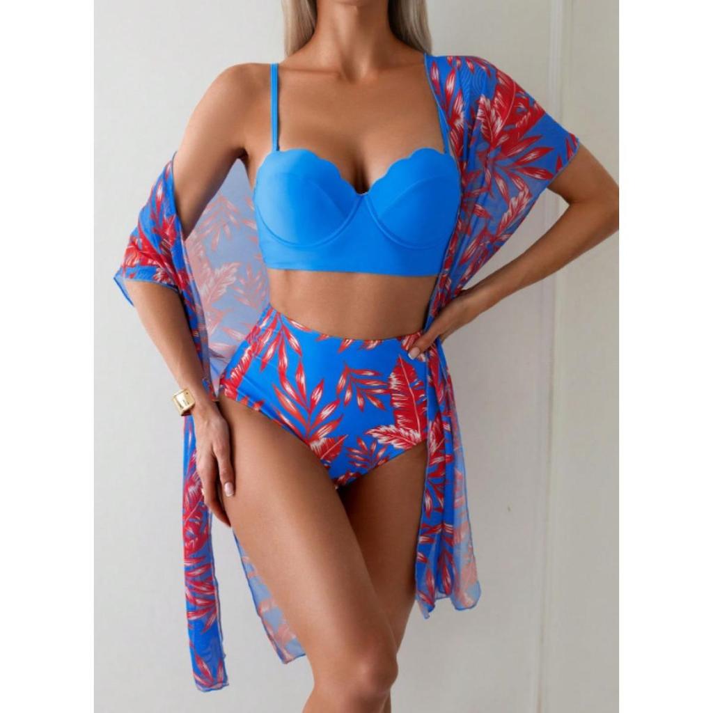1 Set Badpak Bladprint Hoge Taille Mesh Jas Driehoek Slank Makende Bikini Badpak Dames Set