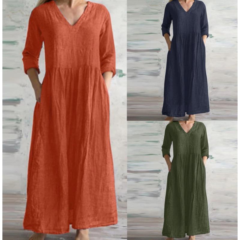 Primavara vara la moda rochie lejera cu decolteu in V Rochii de culoare solida cu maneca lunga