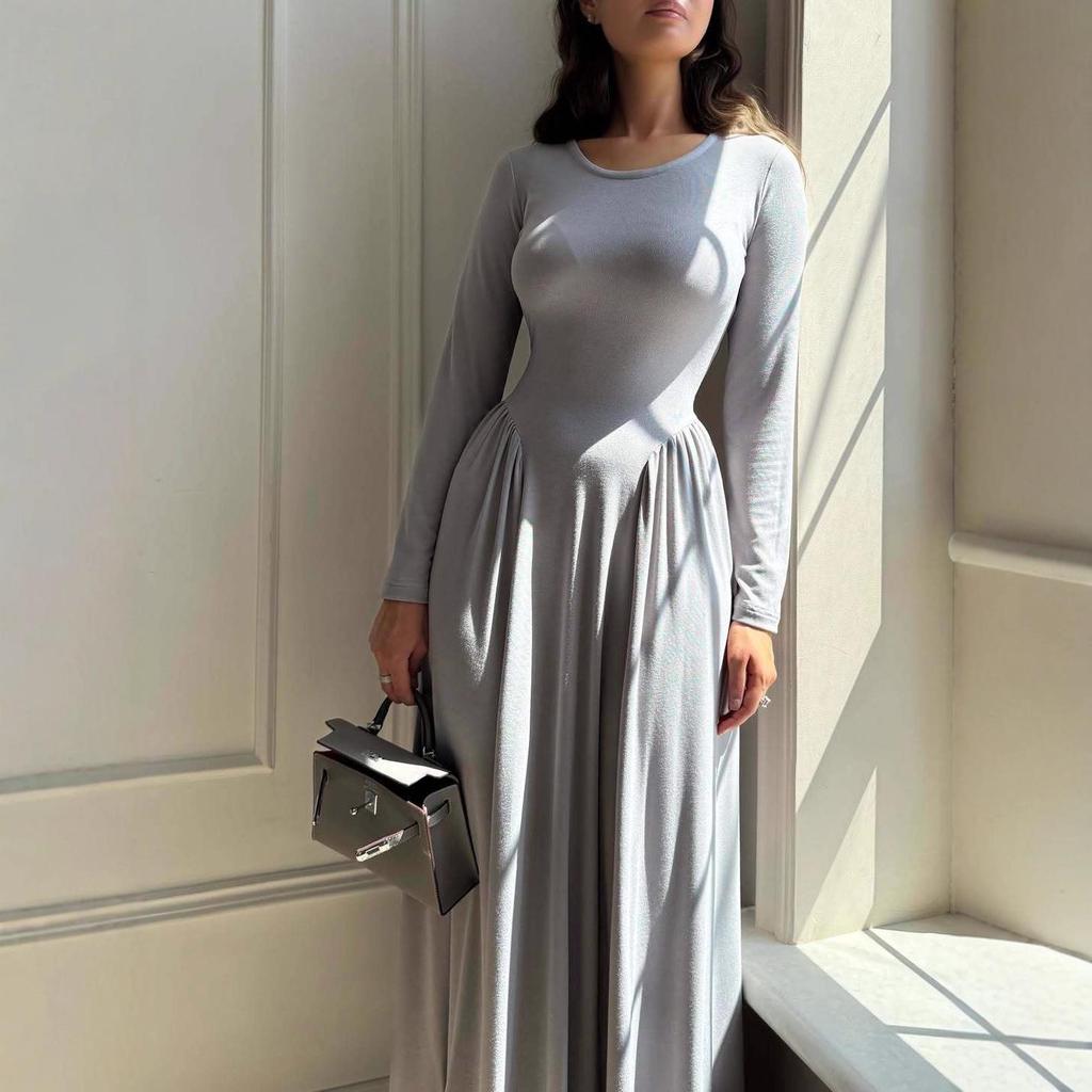 2025 Raffiniertes Damen Langarm Schlankheitskleid mit Rundhalsausschnitt für Frühling und Herbst.