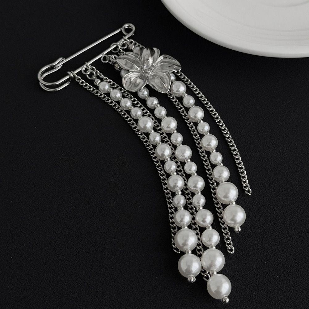 Flower Long Tassel Brooch Pearl Waist Cinching Fixed Pin Exquisite Multi-layer Chains Pin Women