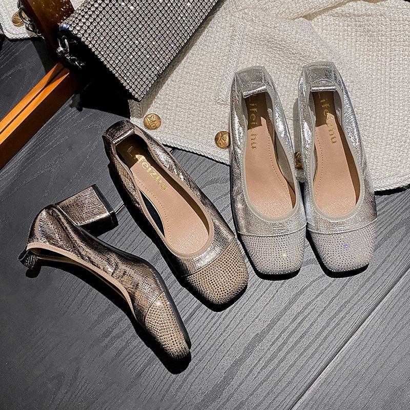 Fashion 5CM Diamond Block High Heels Shoes Ladies Burst Silver Pumps Women Square Toe Loafer Crystal Tacones Chunky Heel Traf Mary Janes