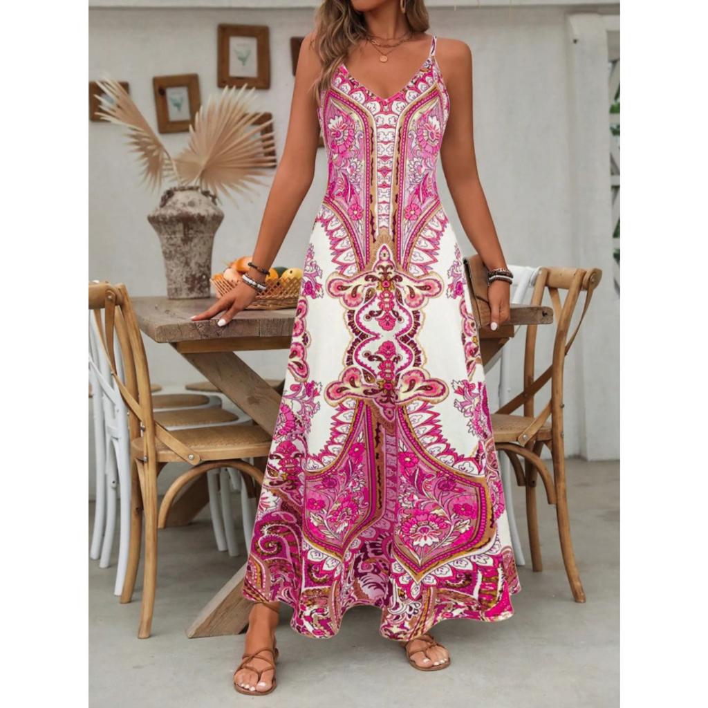 Women's V Neck Sleeveless Printed Maxi Dress High Waist Bohemian Casual Long Dress