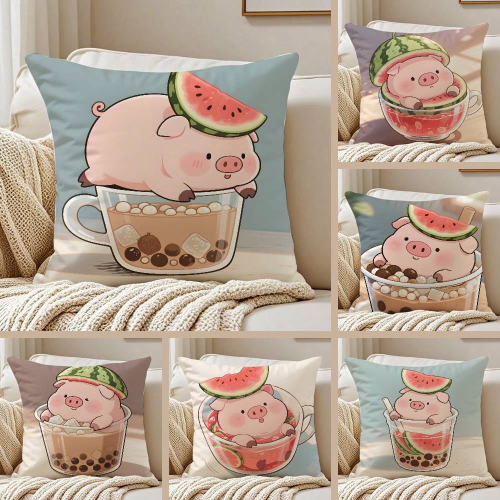 Happy Accompanying Pig Summer Pattern Pillow Case Anti-dustmite Pillowcase Invisible Zipper Silky Short Plush Sofa Cushion Cover