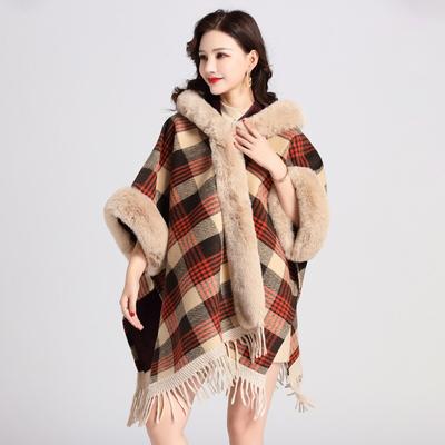 2021 Verdicken Warm Kunstfellkragen Cape Locker Lang Streetwear Damen Kurzarm Karomuster Quaste Poncho Wintermantel Mit Fellmütze