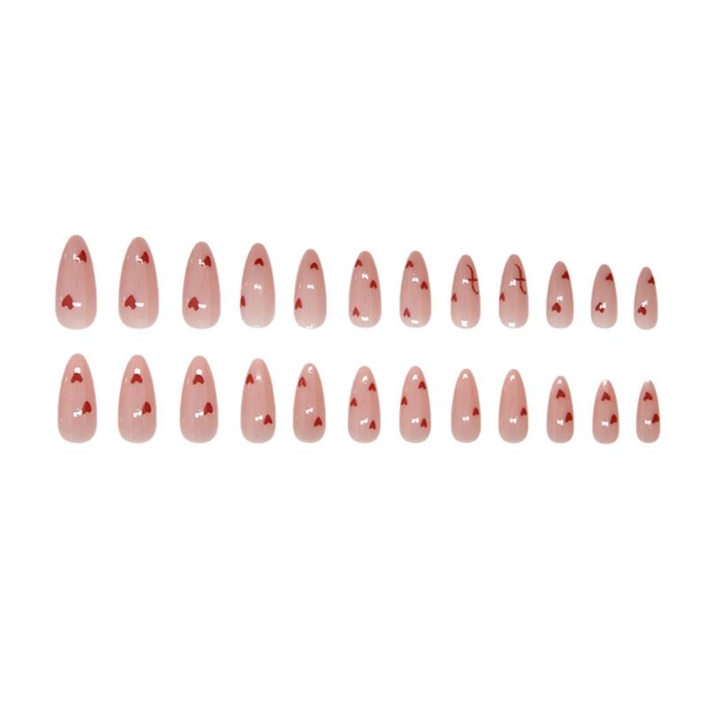 24 Pcs Valentines Day Press On Nail Glossy False Nail Heart Artificial Nail Almond Shape Full Cover Stick on Nail