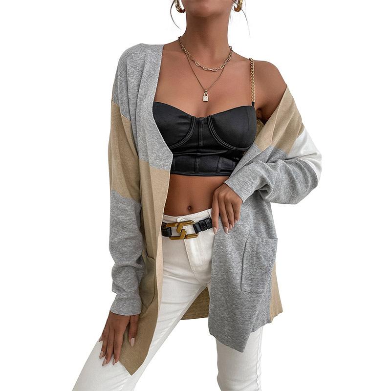 Temperament and Elegance Outer Wear Autumn and Winter Fashion Knitted Long-sleeved Colorblocked Sweater Cardigan Women