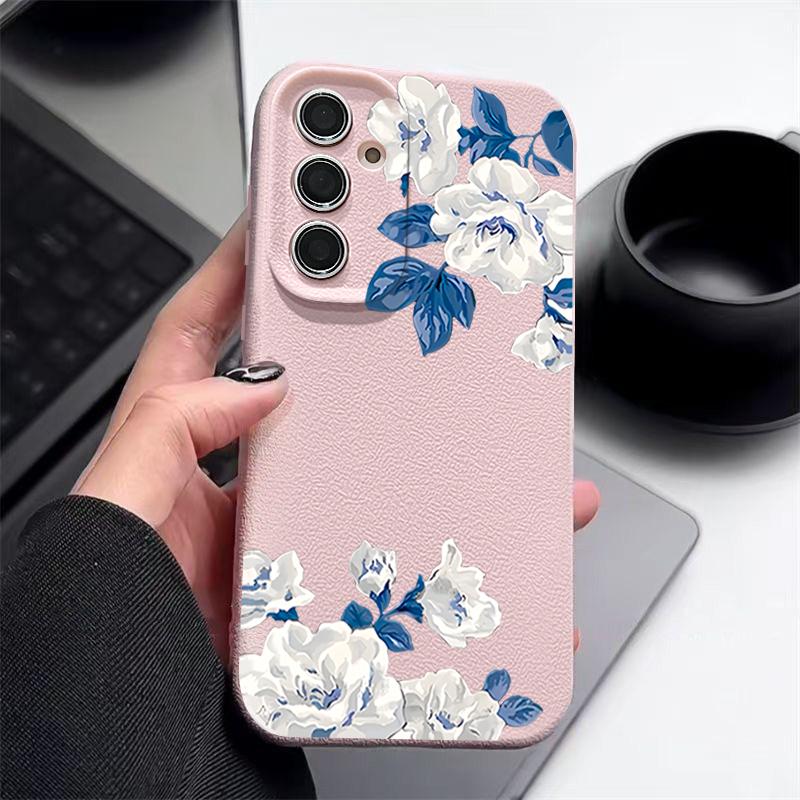 Funda Floral de Gardenia Blanca Para Samsung S26 S25 S24 Ultra S23 S22 S21 FE A15 A16 A17 A26 A35 A36 A37 A54 A55 A56 A57 5G Cubierta de Silicona con Textura de Cuero