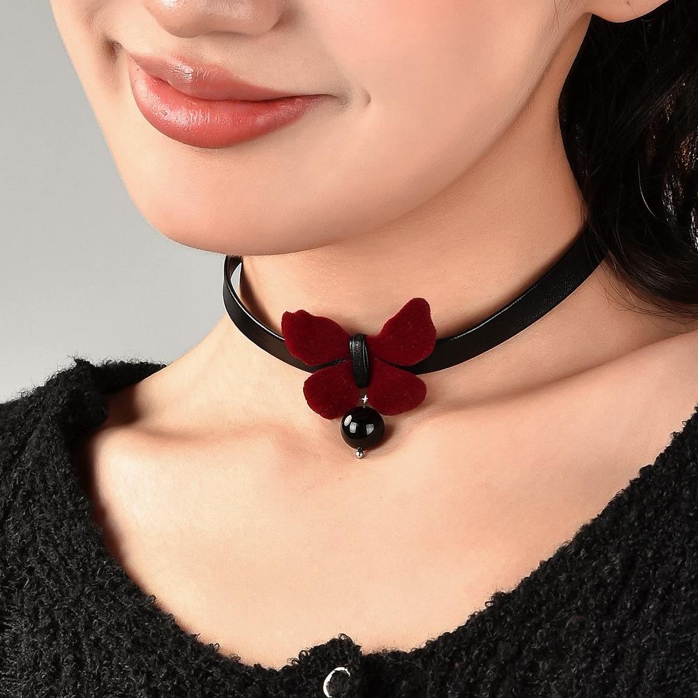 Sweetheart Barbie Bow Necklace Female Flocking Butterfly Pearl Sweet Collar Choker Collarbone Chain