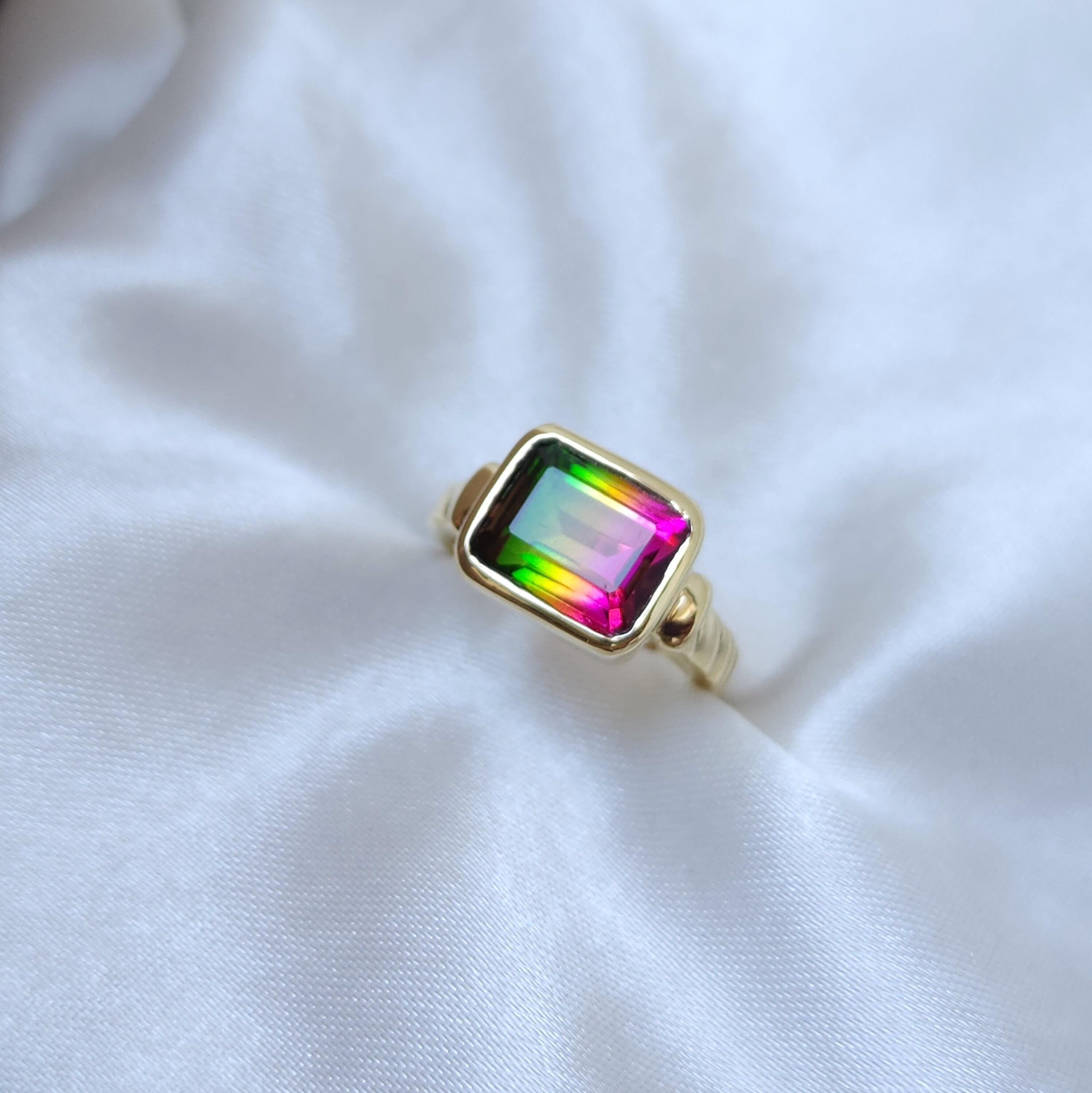 

Watermelon Green Pink Tourmaline Quartz 925 Sterling Silver, Rose Gold Overley, Yellow Gold Overlay Ring 10