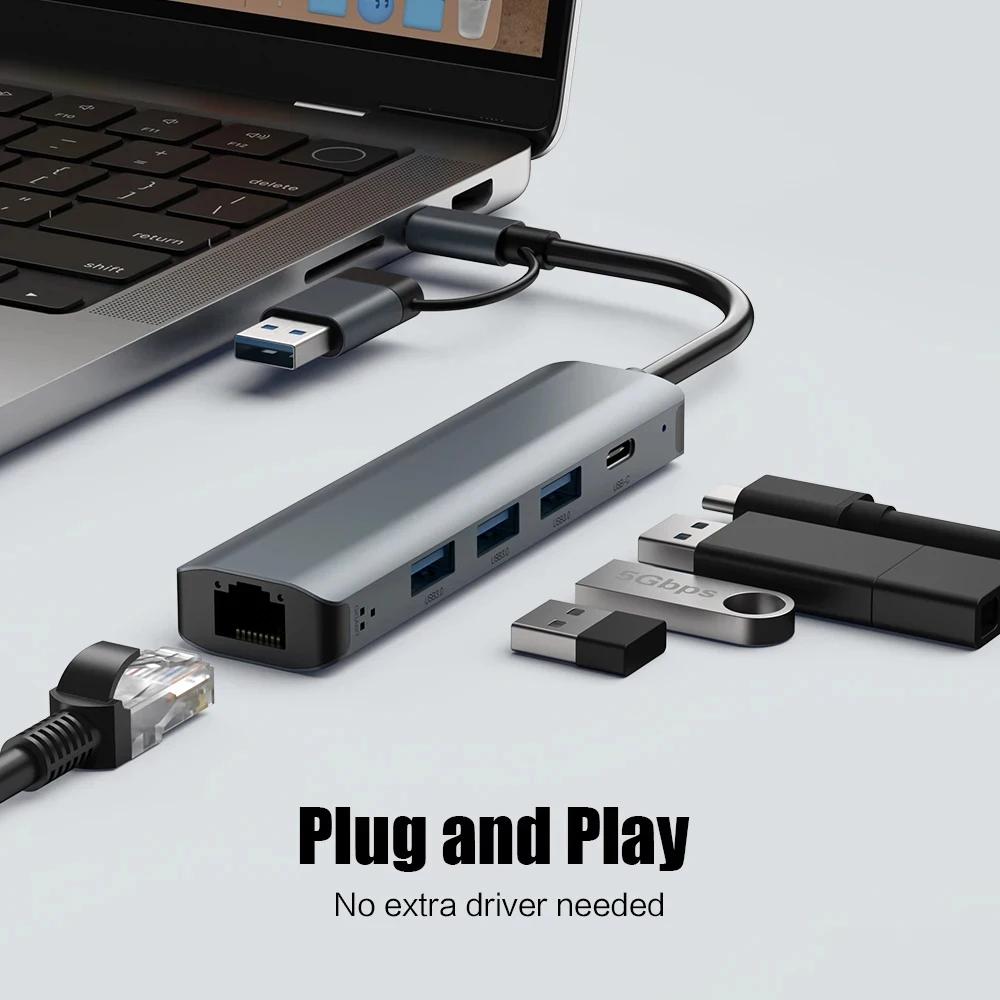 USB-C Hub Multiport Adapter USB-A RJ45 Gigabit Ethernet Docking Station for MacBook Pro USB 3.0 5 Ports in Stock