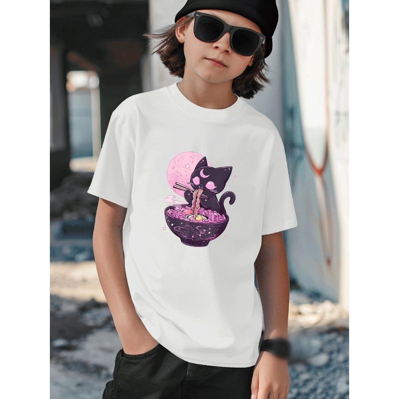 European Sizes Boys T-Shirt Casual Trendy Street Style Black with Cute Cat Eating Rachildren Moon Stars Pattern Kids Wear for Boys