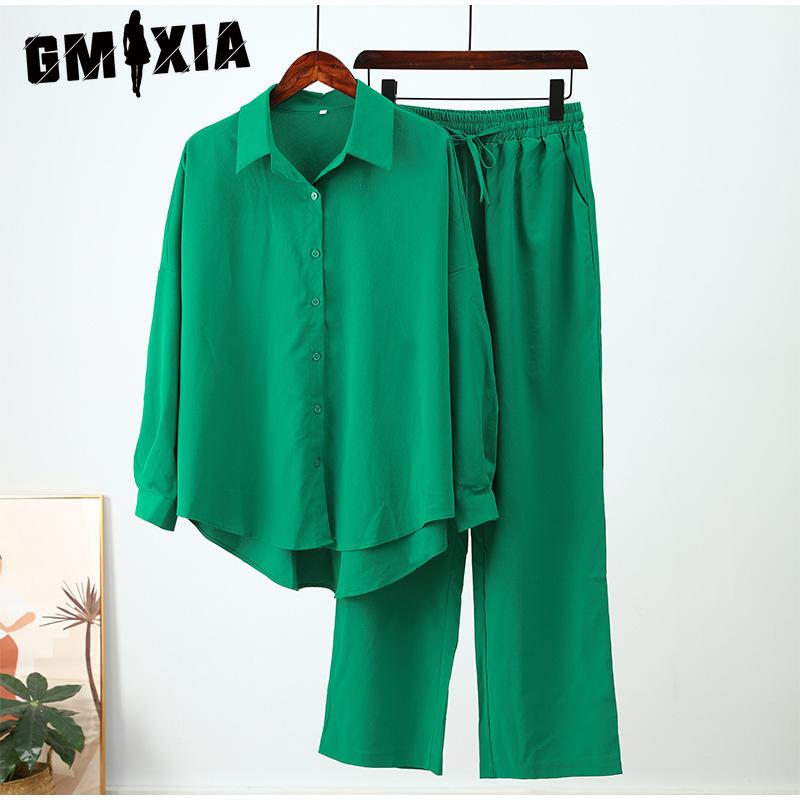

GMXIA Autumn and Winter Loose Stretch Wrinkled Long-sleeved Shirt Wide-legged Trousers Leisure Suit Female Two-piece Set XXXXXL зелёный