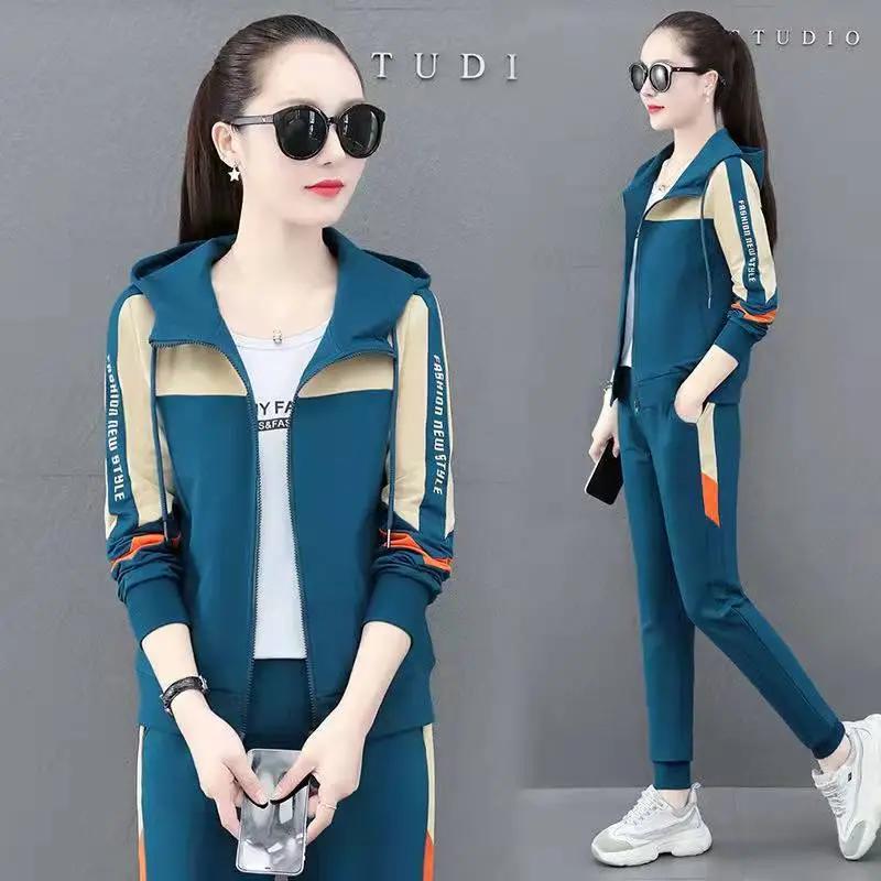 Women's Autumn Spring Insulated Tracksuit Lining Hoodie Two-piece Set, Korean-style Clothes