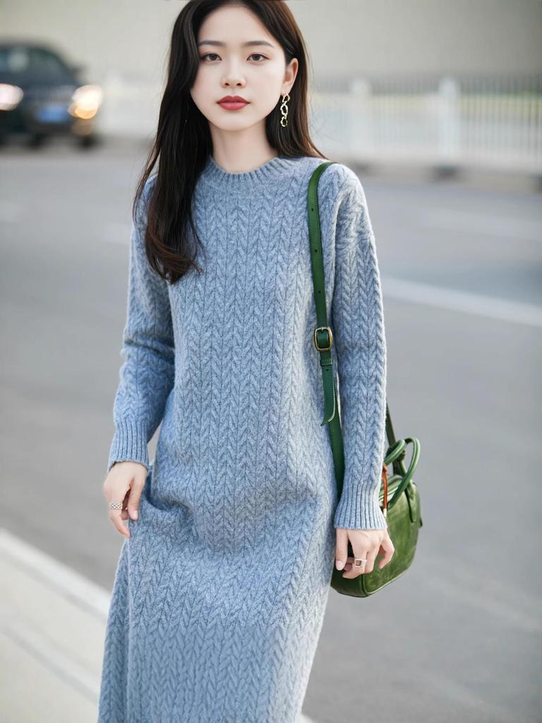 Women's Wool Cable Knit Dress & Coat Set - Autumn/Winter Collection
