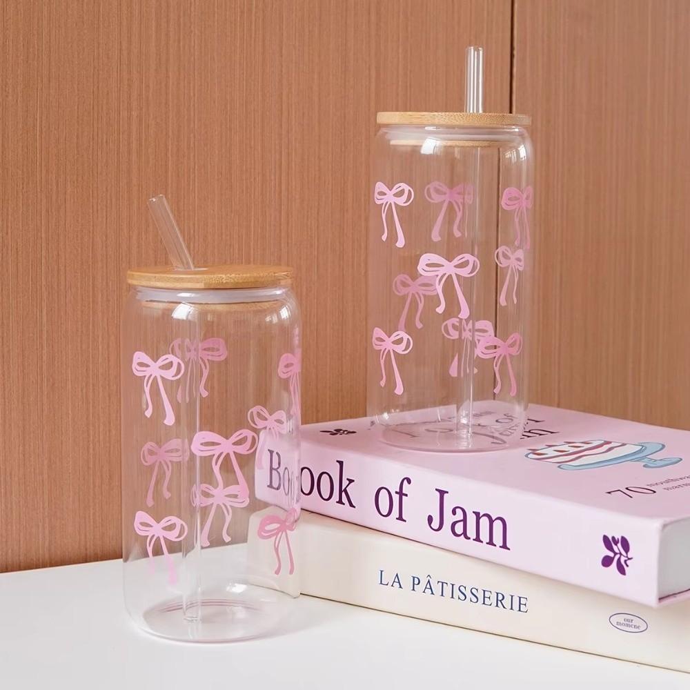 Cute 500ml Bow Glass Cups with Lids and Straw Drinkware Container Coffee Cups Tumbler Cups Girl Gift