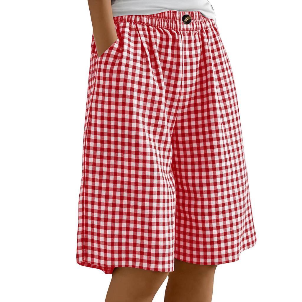 Women's Casual Comfortable Plaid Button-up Summer Shorts With Pockets