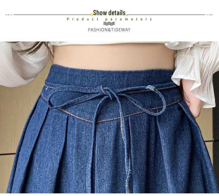 2025 Frühling/Sommer Koreanischer A-Linien Denim Midirock mit plissiertem Saum und elastischer hoher Taille.
