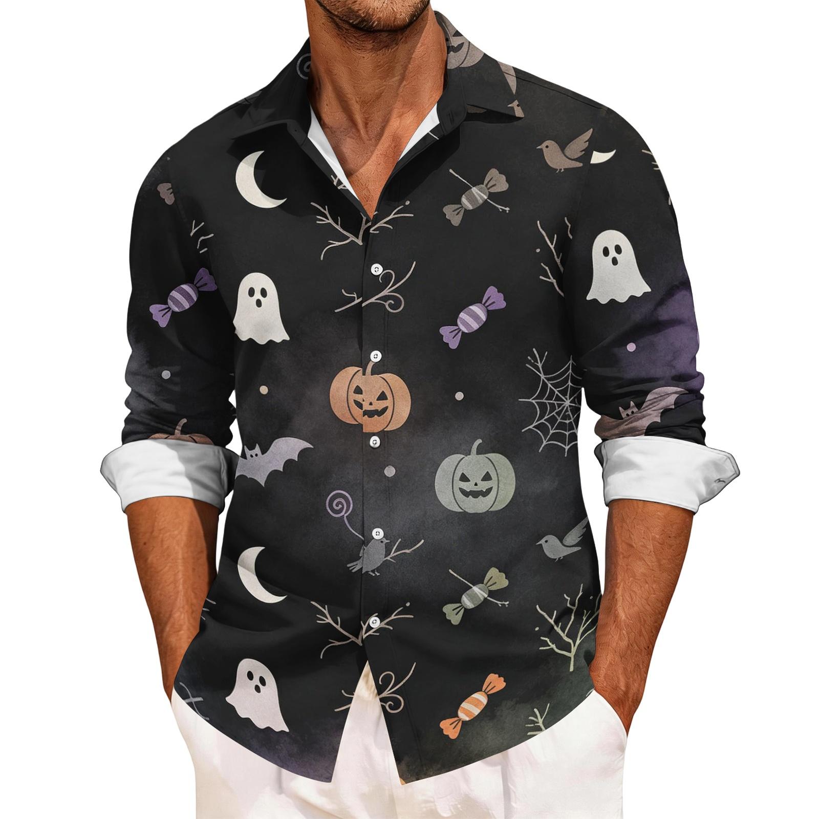Men s Halloween Printed Long Sleeve Casual Shirt, Open Sleeve Sports Top for Men S