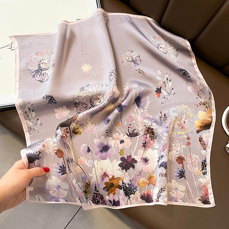 Pastoral Dandelion Silk Scarf - Spring/Summer Small Square Scarf for Women, Neck Protection, Bag Tie, Professional Commuting.