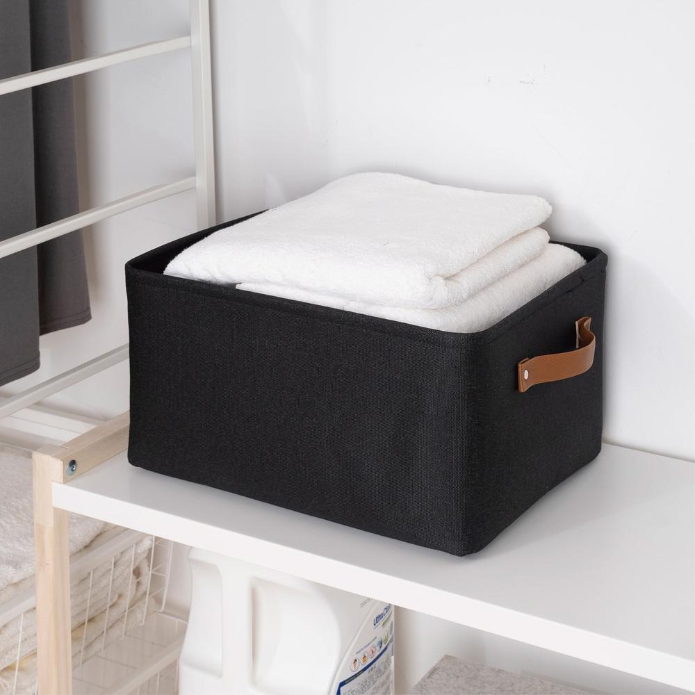 Black Canvas Polyester Storage Basket with Handles Decorative Organizational Container Home Office Shelving Linen Supplies 15L X
