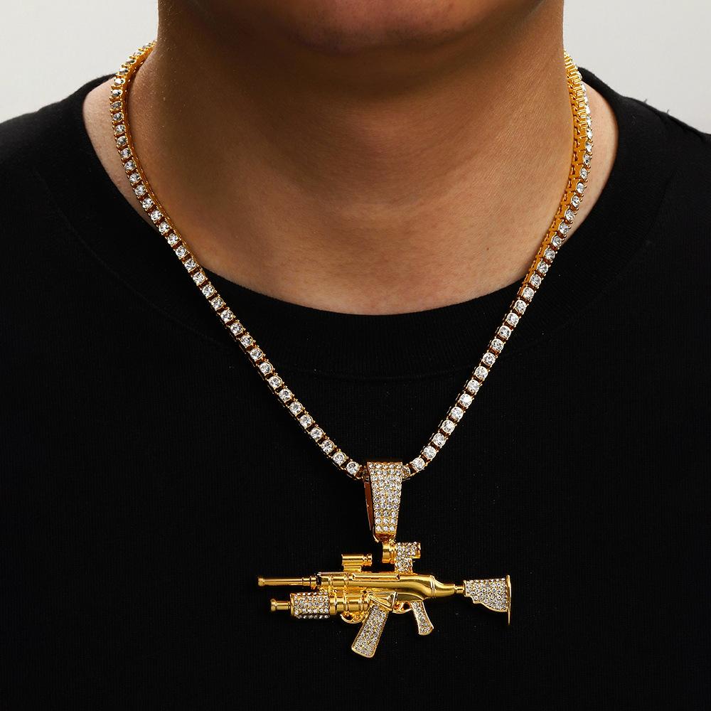 Diamond Gun Jewelry Alloy Simulation Ak Weapon Model Flash Diamond Jewelry Hip Hop Men'S Necklace Full Diamond