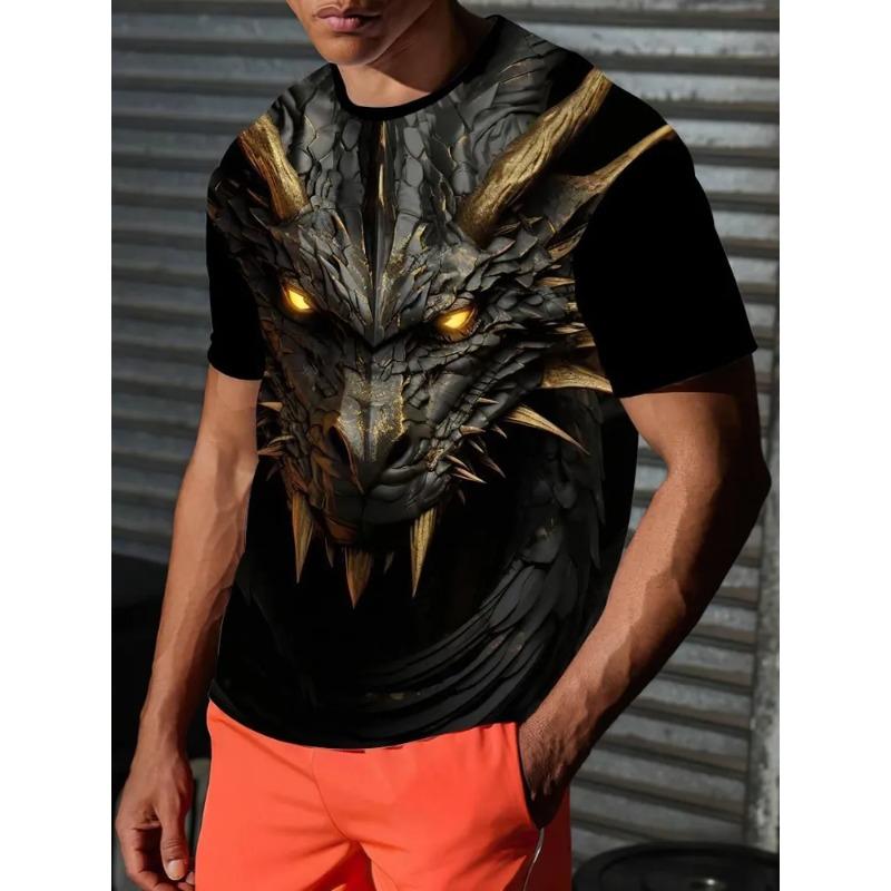 Fashion Gothic Dragon Print T-shirt Men Street Casual Personality Cool T-shirt Tops