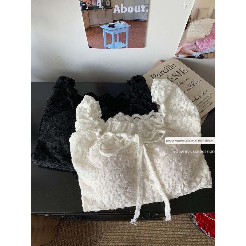 Kumikumi Pure Desire Style Solid Lace Stitching Sexy Short Sleeve T-shirt Women Summer Slim Fit Slimming Versatile Top